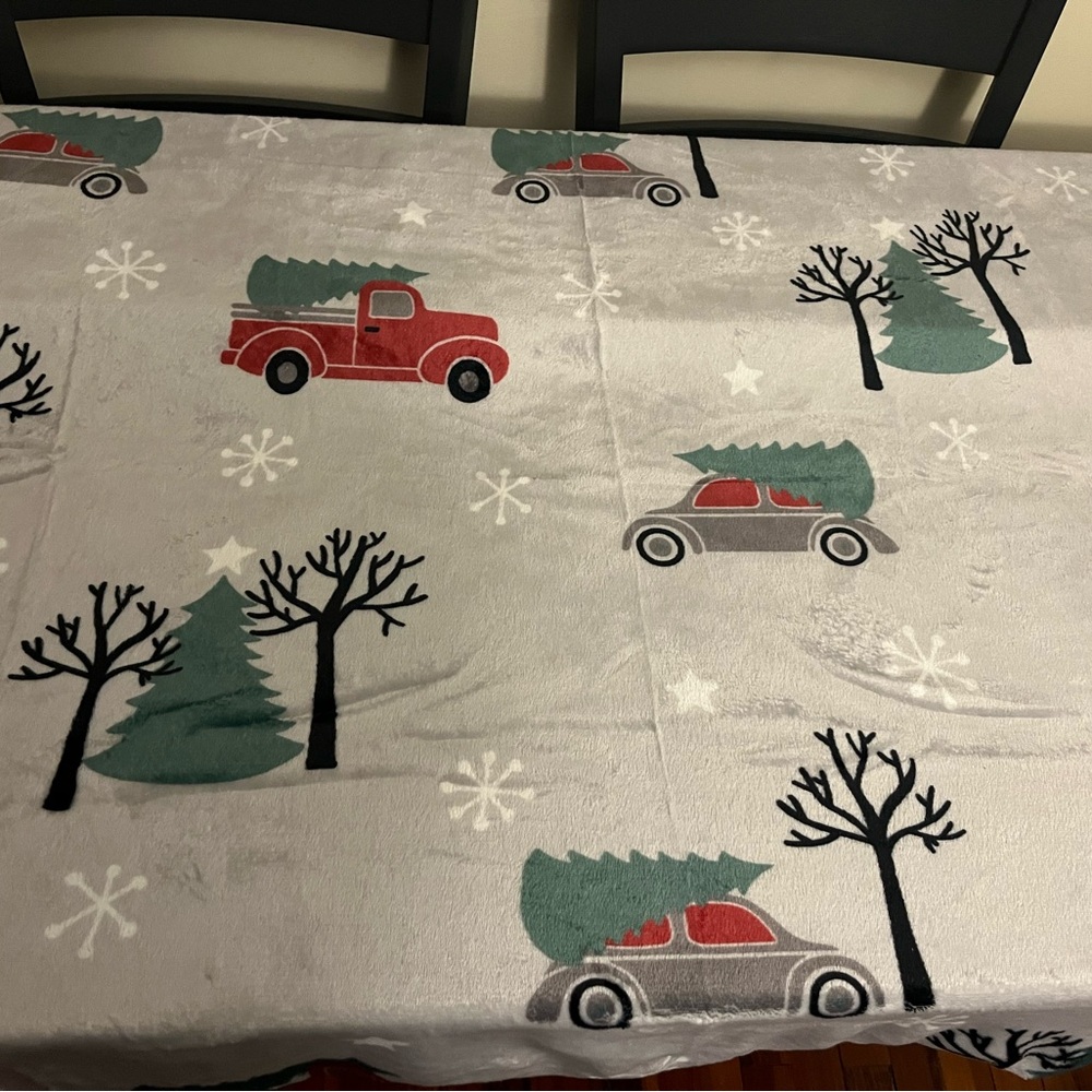 Festive Holiday Decorative Throw Blanket with Red Trucks and Green Trees